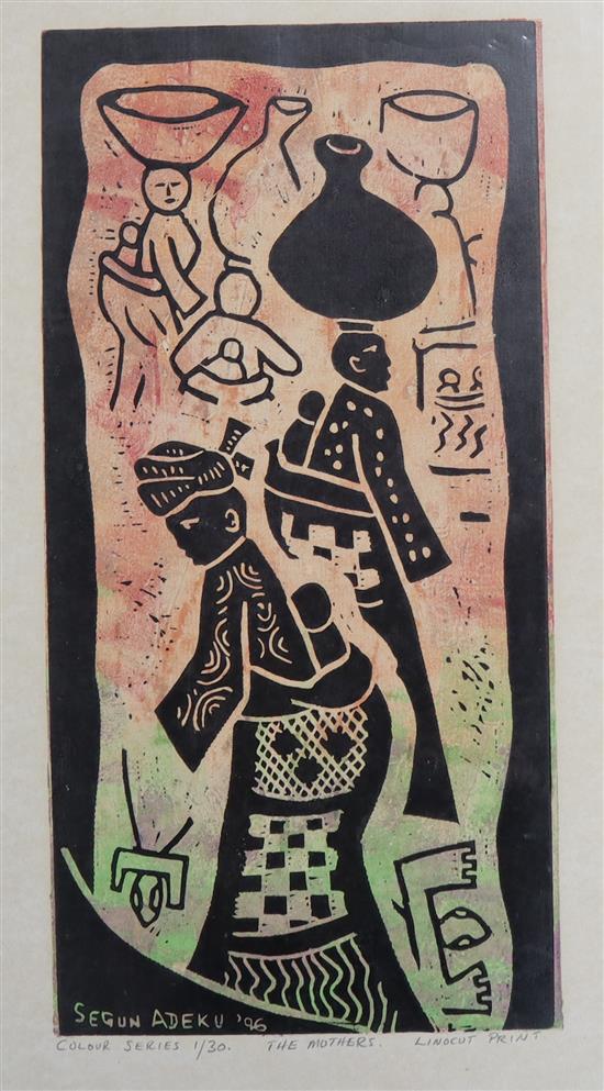 Segun Adeku (Nigerian, b.1949), 3 colour lino-cut prints, My loving child, 10/100, 1992; Two men, 8/100, 1994